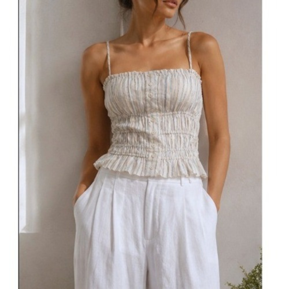 Smocked Peplum Striped Camisole Top Small Cream Boho Summer Romantic Feminine